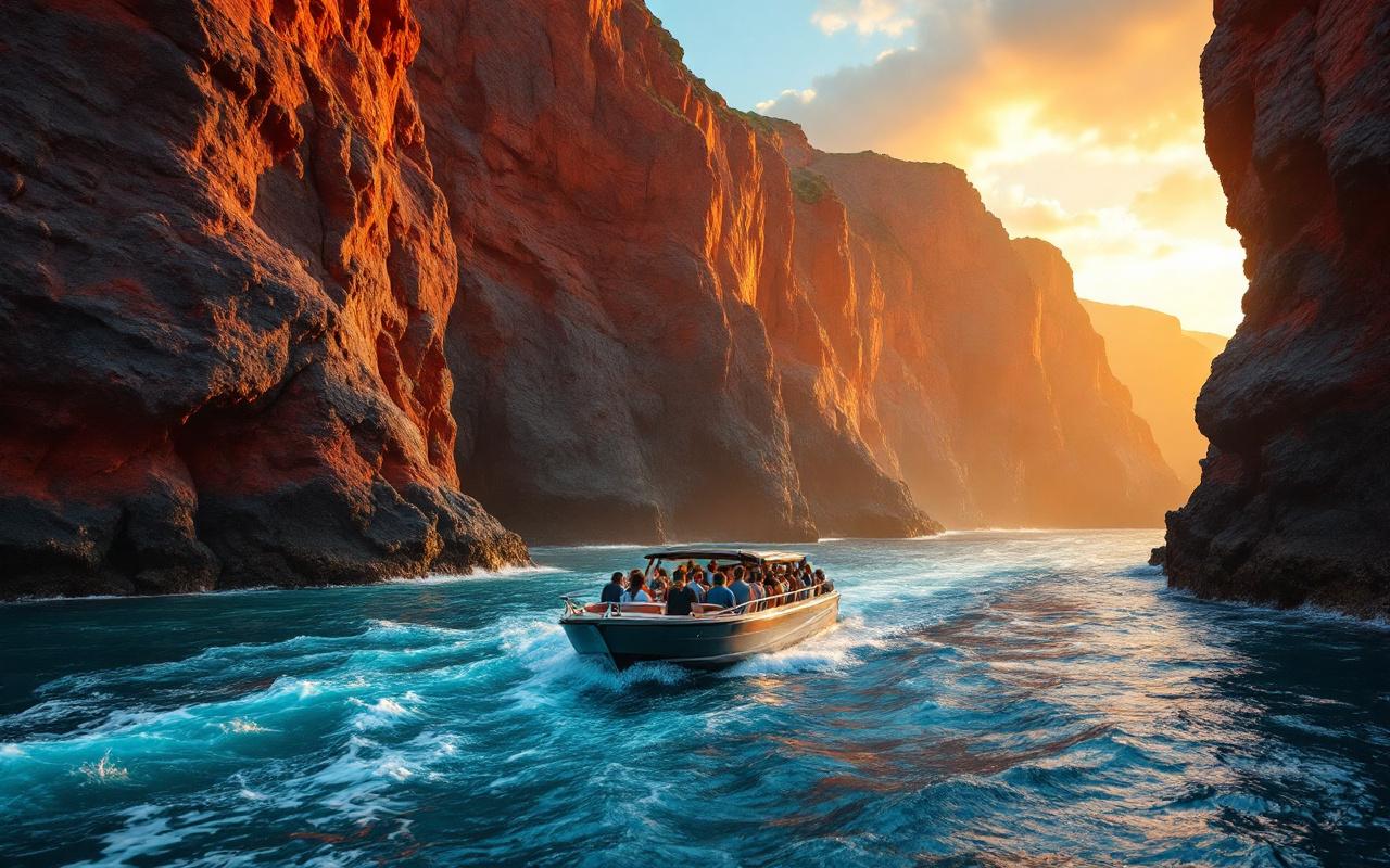 Bateau touristique s'approchant d'une côte rocheuse aux falaises volcaniques rouges et ocres, mer turquoise avec embruns et sillage visible, lumière volumétrique dorée du coucher de soleil, ombres dramatiques, passagers observant la côte.