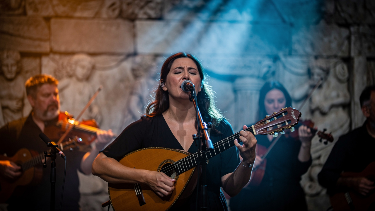 Scène de concert intimiste mêlant mythologie grecque et musiques actuelles, avec une femme chantant et une mandoline, sous un éclairage théâtral chaud et bleu, ambiance feutrée et brumeuse.