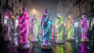 Des statues grecques en marbre éclairées par des néons colorés, dans un décor urbain pop culture contemporain au crépuscule.