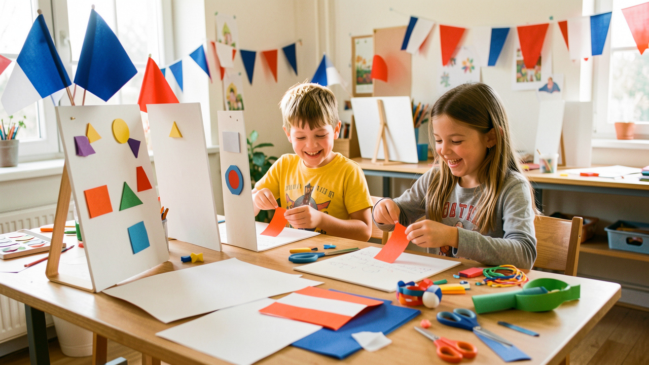 Deux enfants réalisent des décorations en papier lors d’un atelier créatif du 14 juillet, entourés de drapeaux tricolores et de supports pédagogiques colorés sans écriture.
