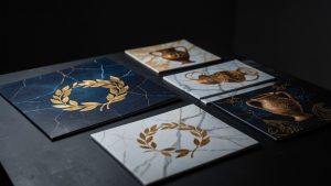 Collection de pochettes d’albums imaginaires inspirées de mythes grecs, présentées en studio avec des motifs symboliques et une esthétique artistique contemporaine, éclairage dramatique et rendu photographique réaliste.