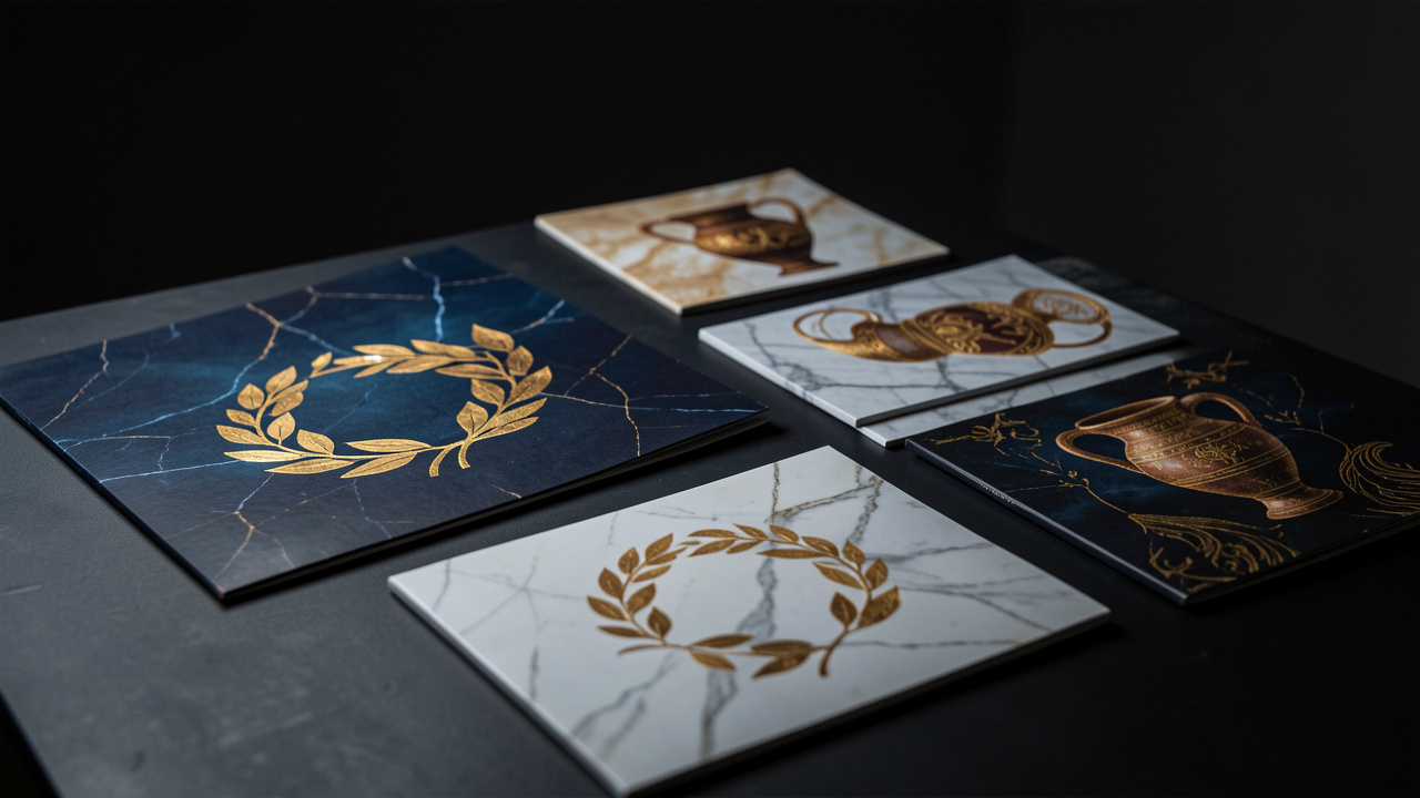 Collection de pochettes d’albums imaginaires inspirées de mythes grecs, présentées en studio avec des motifs symboliques et une esthétique artistique contemporaine, éclairage dramatique et rendu photographique réaliste.