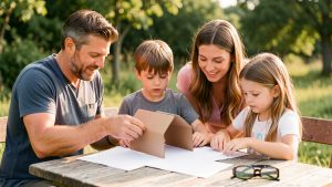 Un homme, une femme, un garçon et une fille fabriquent ensemble une boîte à éclipse en carton sur une table extérieure, avec des feuilles blanches et des lunettes d’éclipse posées à proximité, sous une lumière estivale réaliste.