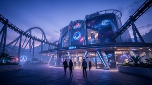 Vue cinématographique d’une attraction de montagnes russes futuriste, dont la façade illuminée se détache dans la lumière bleutée du crépuscule, avec des visiteurs en silhouettes au premier plan.
