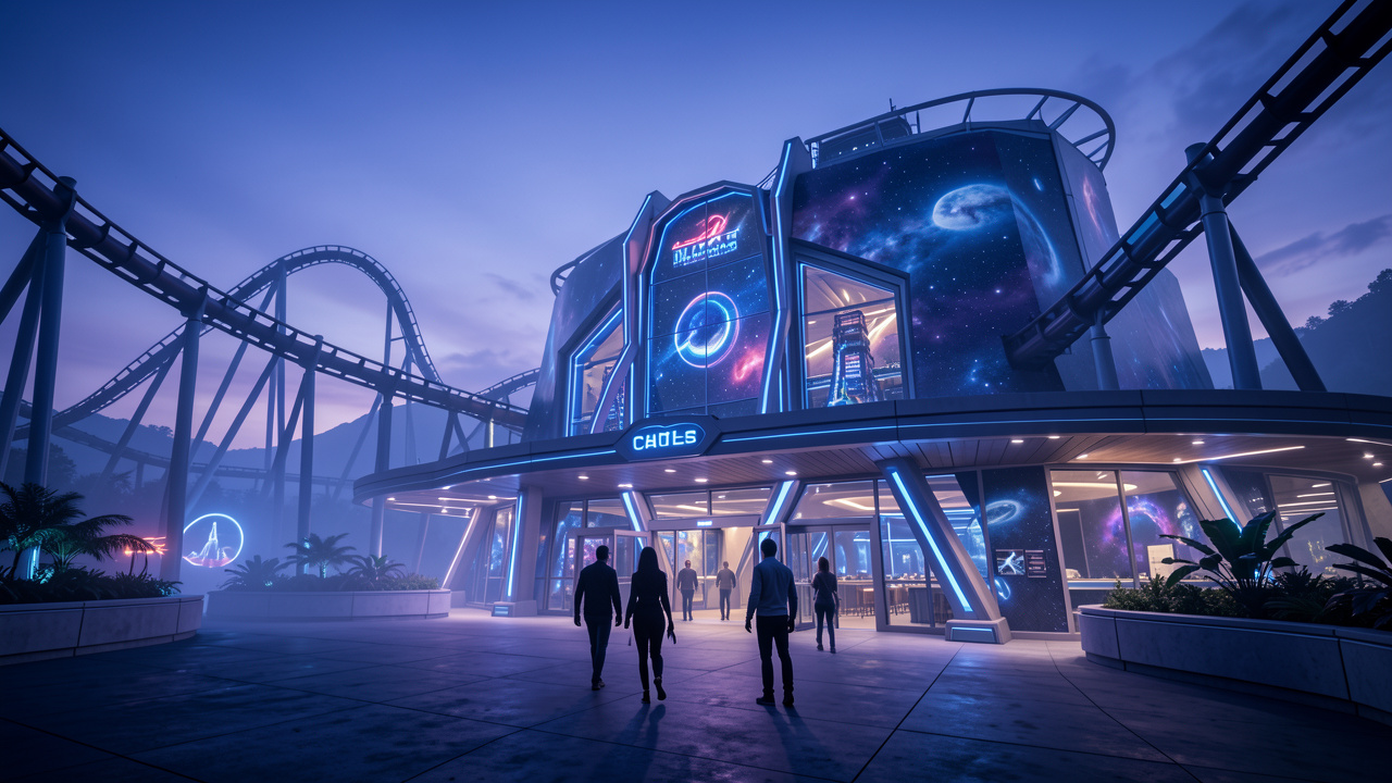 Vue cinématographique d’une attraction de montagnes russes futuriste, dont la façade illuminée se détache dans la lumière bleutée du crépuscule, avec des visiteurs en silhouettes au premier plan.