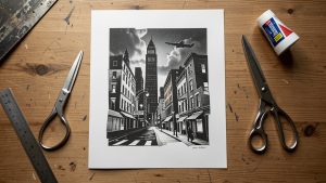 Vue de dessus d’un atelier créatif avec un collage A3 en papier noir et blanc, des ciseaux, une règle métallique et de la colle, éclairé par une lumière douce.