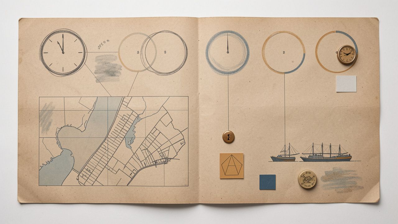 Frise historique sobre sur papier kraft, avec cartes stylisées de New York, repères horaires abstraits et couleurs discrètes, sans représentation de violence.