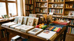 Librairie indépendante française chaleureuse avec une table présentant des livres de loisirs créatifs, du matériel de couture, de dessin et de bricolage.