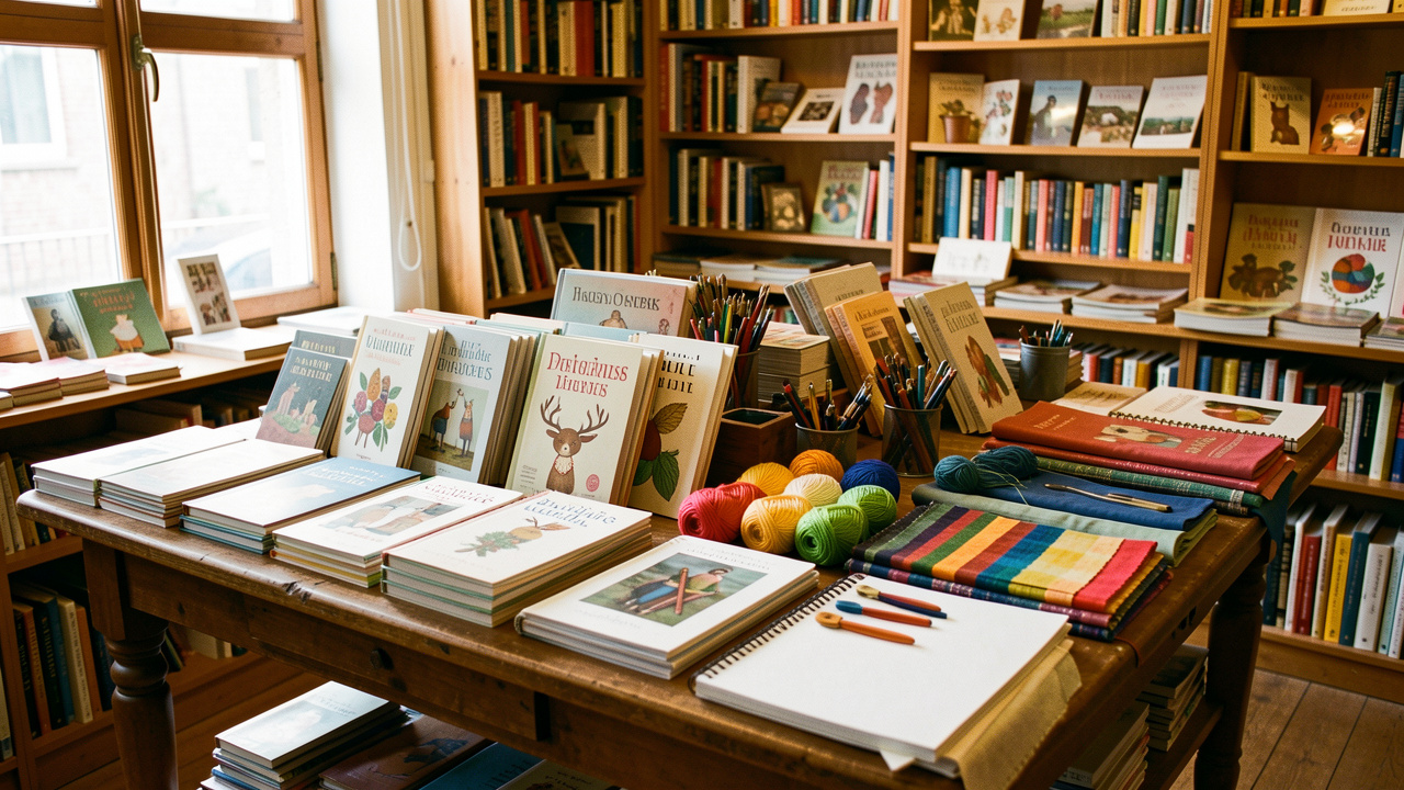 Librairie indépendante française chaleureuse avec une table présentant des livres de loisirs créatifs, du matériel de couture, de dessin et de bricolage.