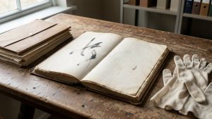 Table d’archives sobre éclairée par la lumière naturelle, avec un ancien registre ouvert aux pages vieillies et couvert de marques abstraites à l’encre.