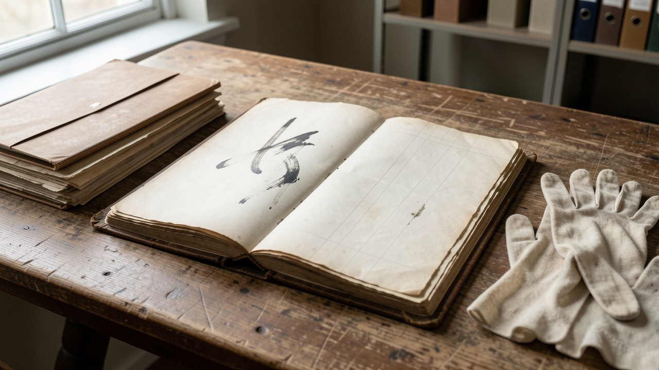 Table d’archives sobre éclairée par la lumière naturelle, avec un ancien registre ouvert aux pages vieillies et couvert de marques abstraites à l’encre.