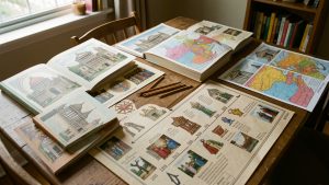 Table familiale chaleureuse avec des livres illustrés sur le Vatican, des cartes colorées du conclave, des crayons et une frise historique imagée.