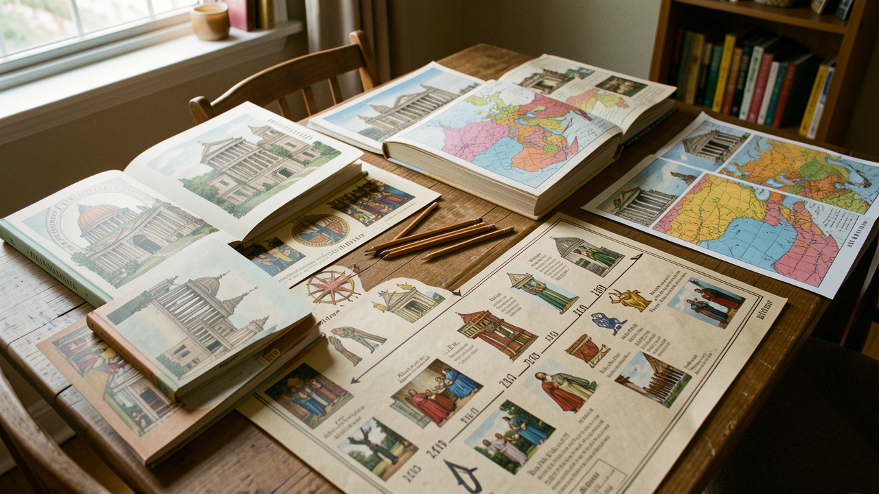 Table familiale chaleureuse avec des livres illustrés sur le Vatican, des cartes colorées du conclave, des crayons et une frise historique imagée.