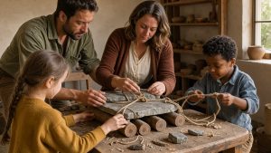 Un homme, une femme et deux enfants assemblent une maquette de dolmen sur une table en bois, avec une dalle de pierre, des rondins et des cordes, dans une lumière naturelle.