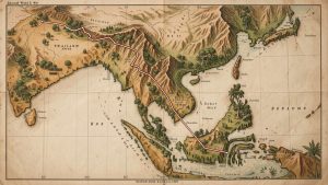 Carte historique illustrée de l’Asie du Sud-Est pendant la Seconde Guerre mondiale, montrant le tracé du chemin de fer reliant la Thaïlande à la Birmanie sur un fond de reliefs, de jungles et de vallées fluviales.