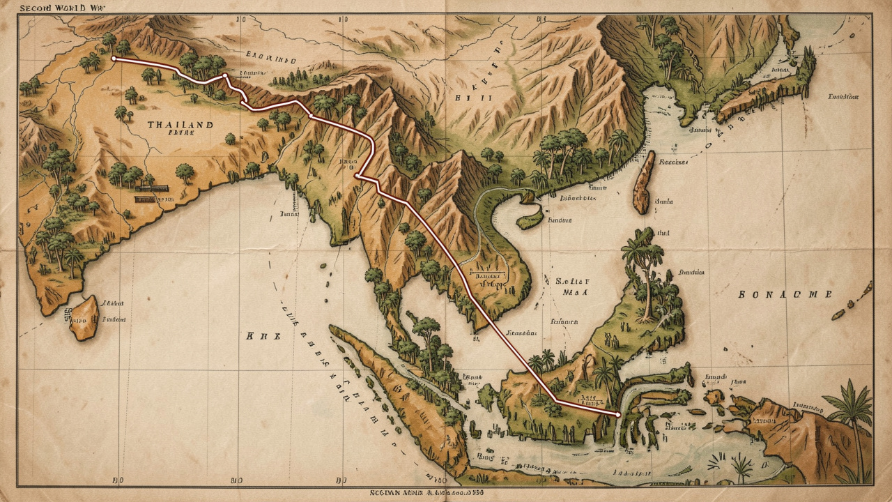 Carte historique illustrée de l’Asie du Sud-Est pendant la Seconde Guerre mondiale, montrant le tracé du chemin de fer reliant la Thaïlande à la Birmanie sur un fond de reliefs, de jungles et de vallées fluviales.