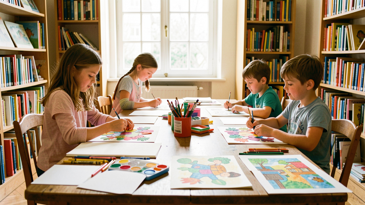 Quatre enfants de 5 à 10 ans réalisent des collages et des peintures autour d’une grande table dans une médiathèque lumineuse, entourés de livres illustrés et de matériel créatif.