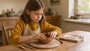 Une jeune fille façonne un petit bol en argile sur une table de cuisine, entourée d’outils de poterie et de matériaux naturels.