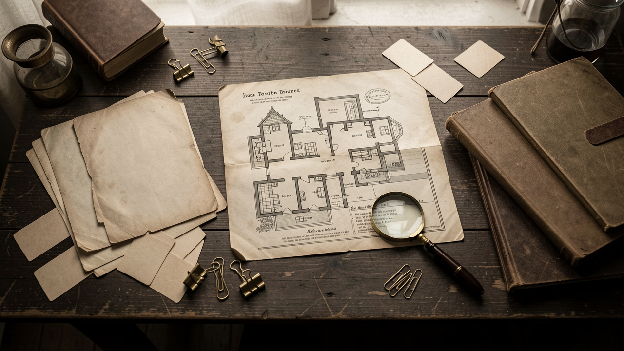 Table en bois sombre présentant une mise en scène d’enquête historique inspirée de 1892, avec des documents vierges, des cartes de témoignage non marquées, un plan de maison victorienne et une loupe dans une atmosphère sobre et non violente.